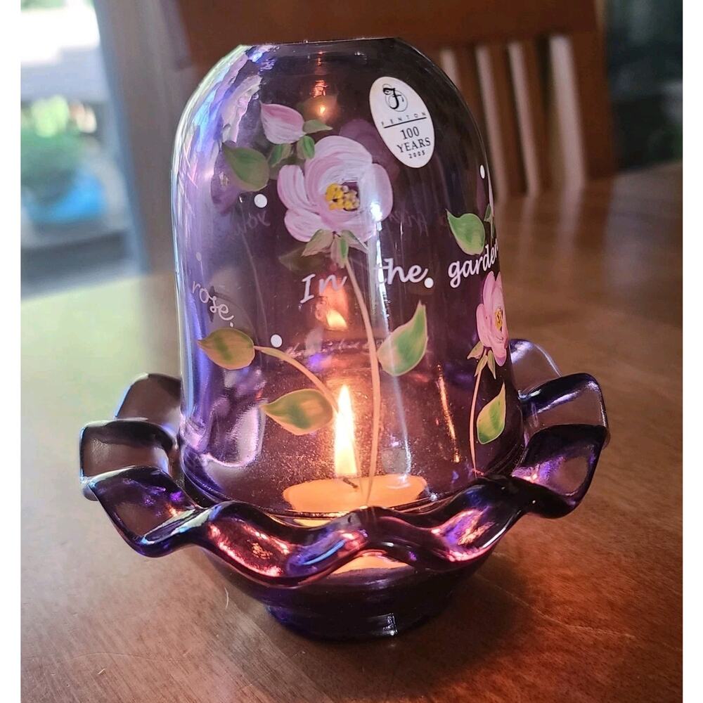 Fenton-Royal Purple Fairy Lamp Flowers Hand Painted And Signed by Fenton